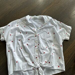 White Button-Up Shirt with Red Strawberry Embroidery